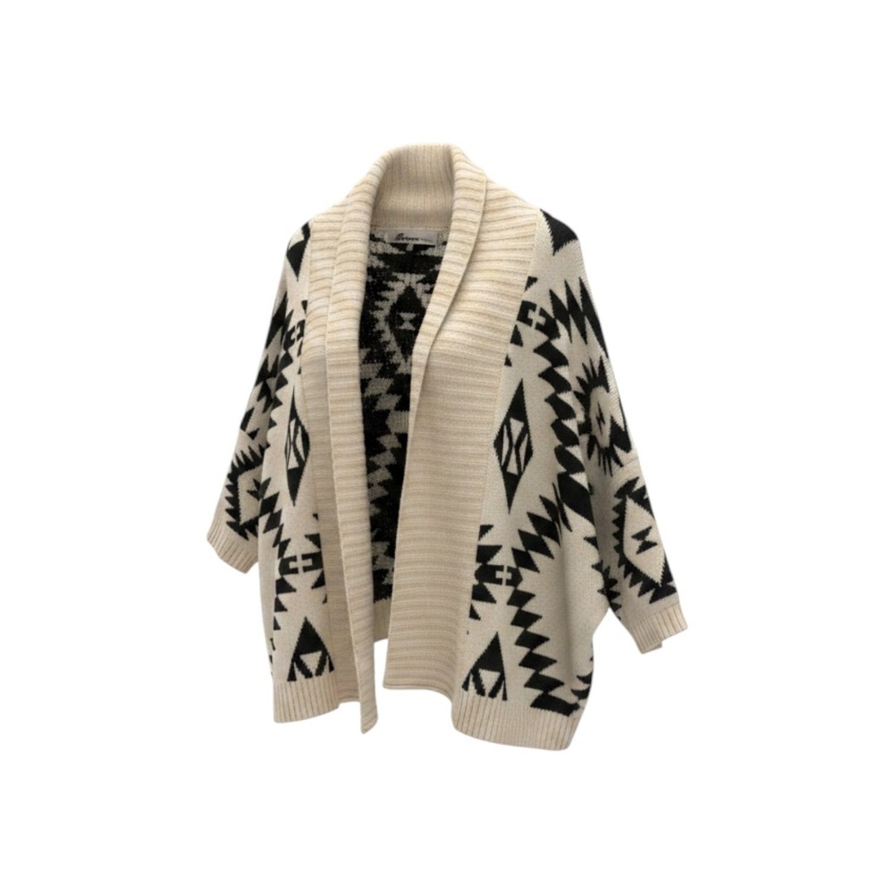 Banana USA Women Cream Black Southwestern Geometric Open Front Cardigan Sweater
